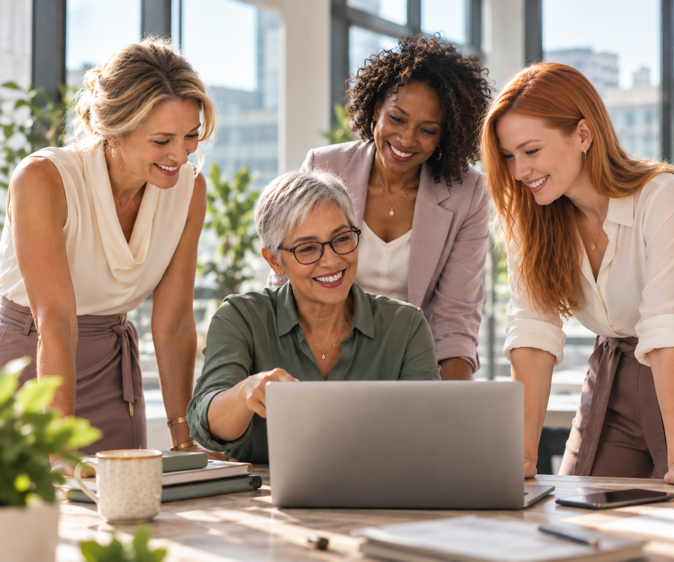 Four professional women of different ages collaborating around a laptop in a bright, welcoming office
